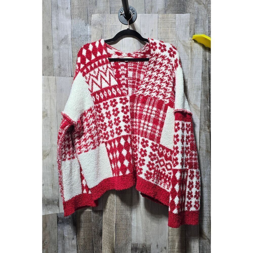 POL Chenille Red White Oversized Patchwork Sweater